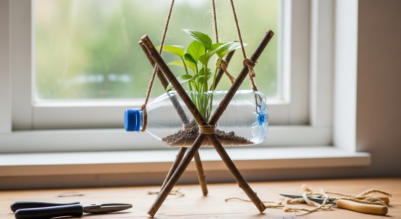 DIY Hanging Planter: Upcycle a Plastic Bottle and Sticks