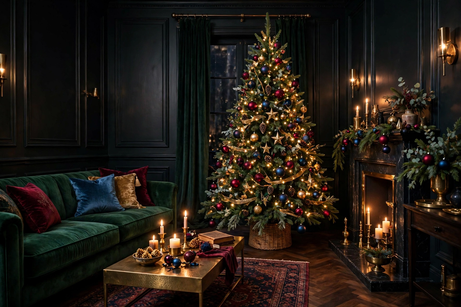 Living room decorated for Christmas in jewel tones with an emerald velvet sofa and a burgundy, sapphire and gold ornament tree