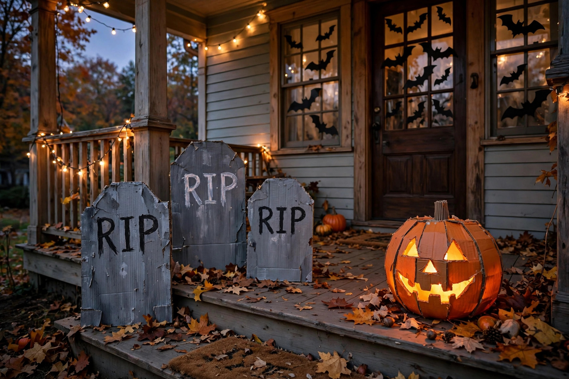 Front porch decorated with handmade cardboard Halloween decorations including tombstones and a glowing pumpkin lantern