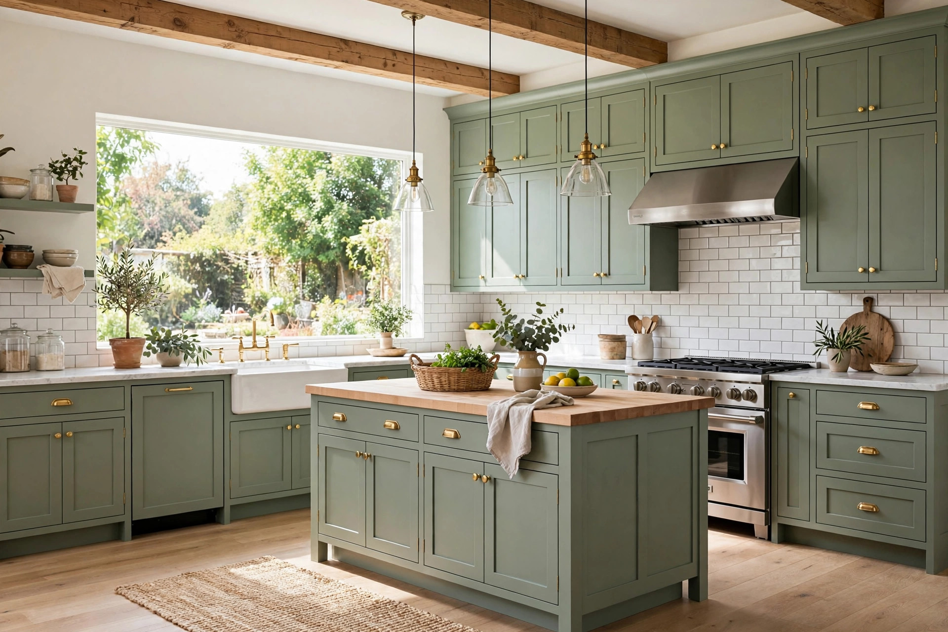 Kitchen with freshly painted sage green cabinets