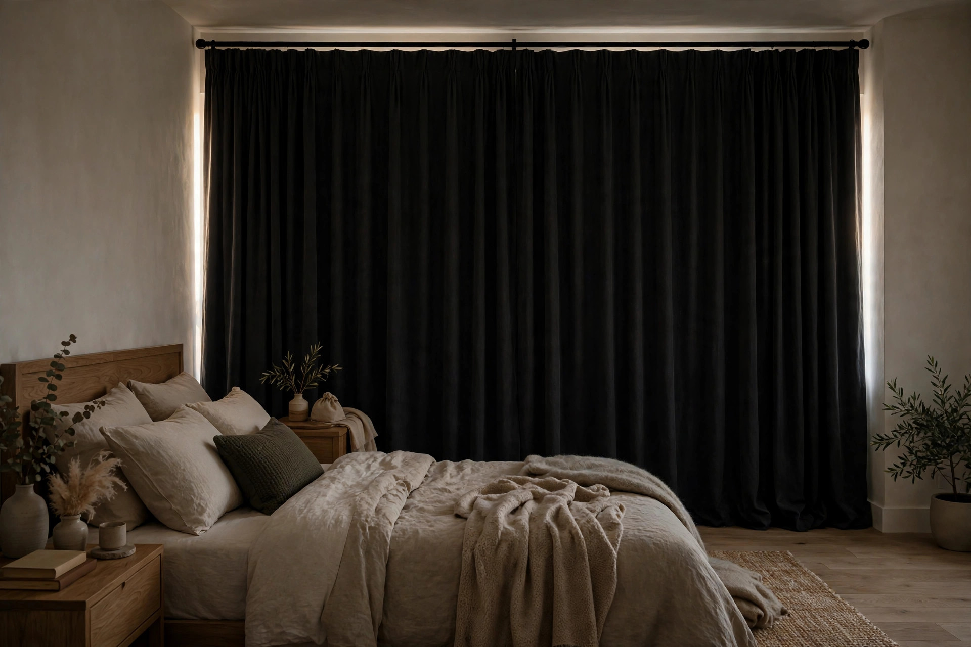 Bedroom with dark blackout curtains drawn closed