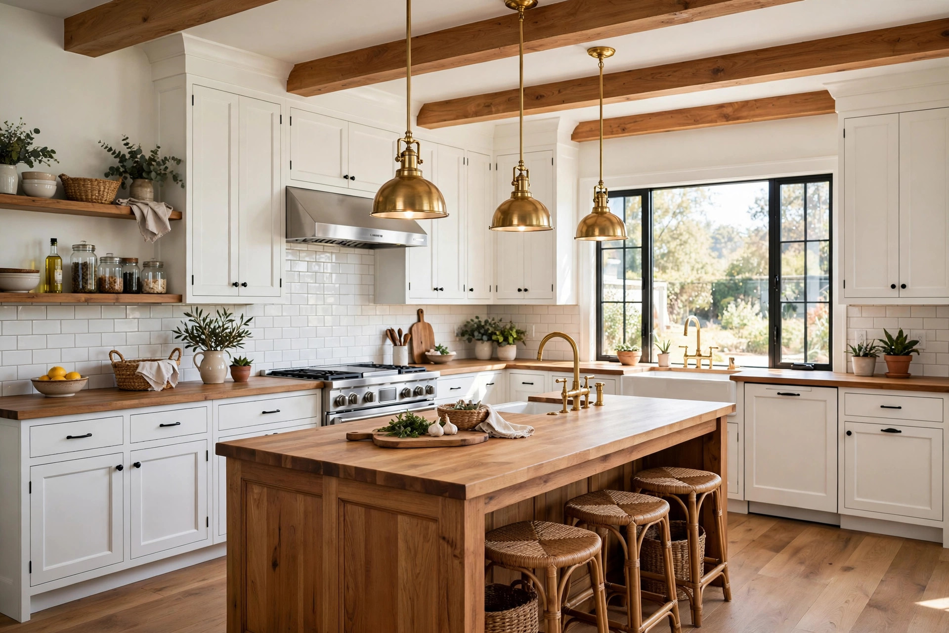 Kitchen styled with modern farmhouse elements, white cabinets and wooden accents