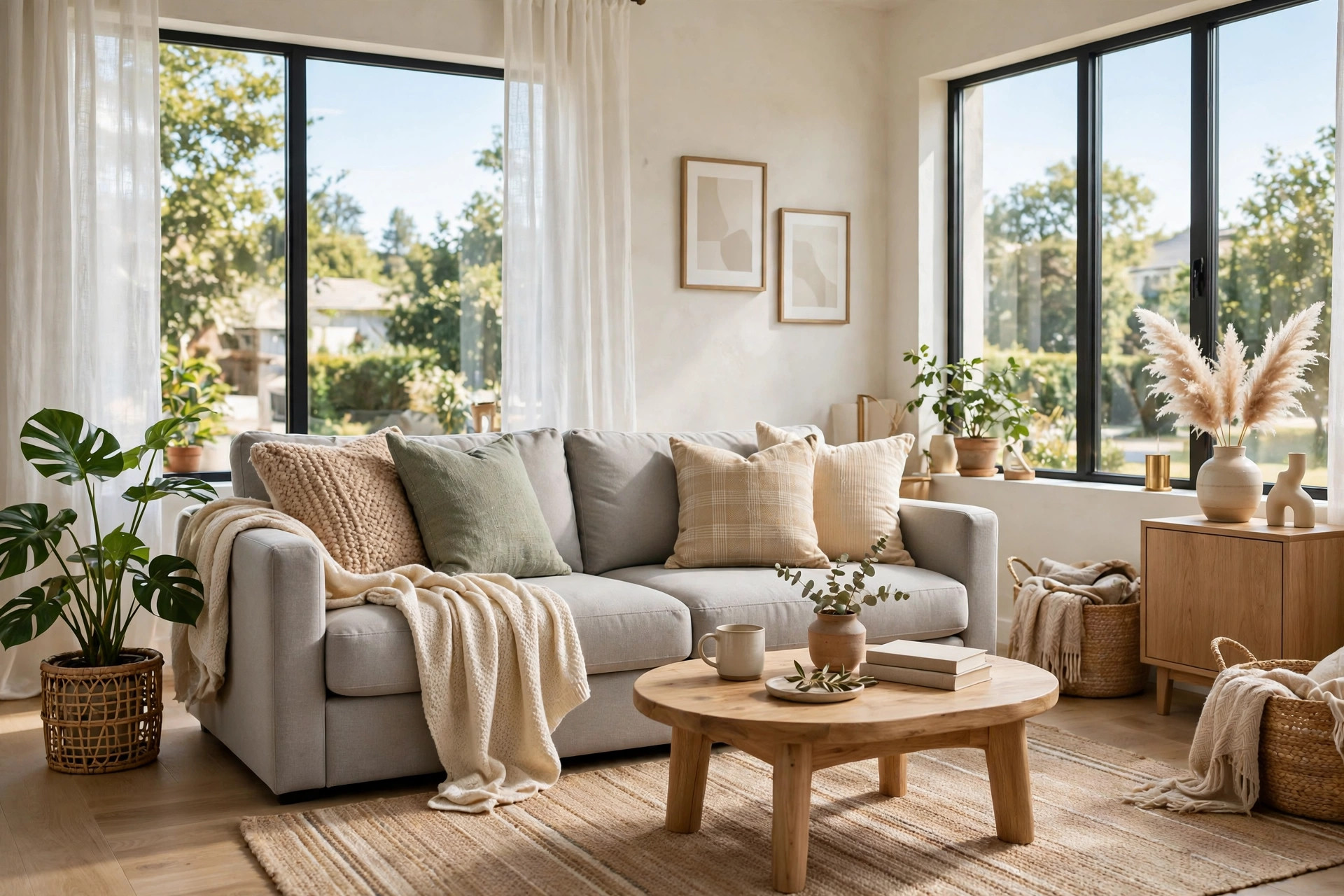 Cozy living room with a comfortable budget sofa in light gray fabric