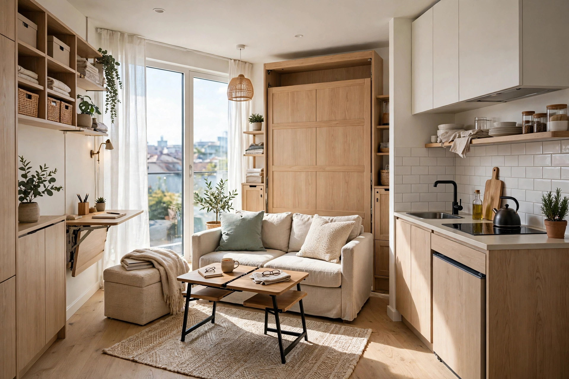 Tiny studio apartment with clever multifunctional furniture