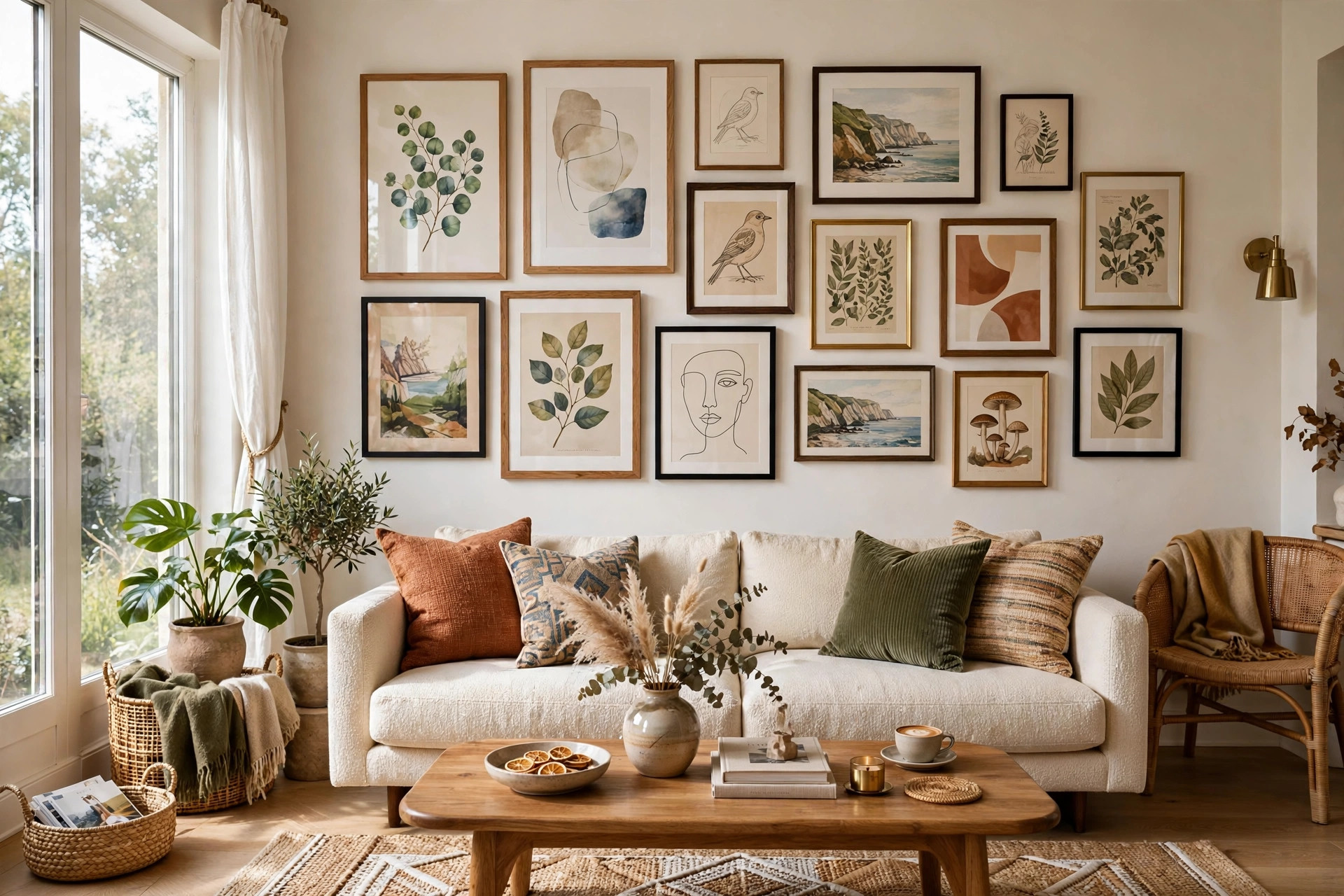 Living room gallery wall with framed art prints