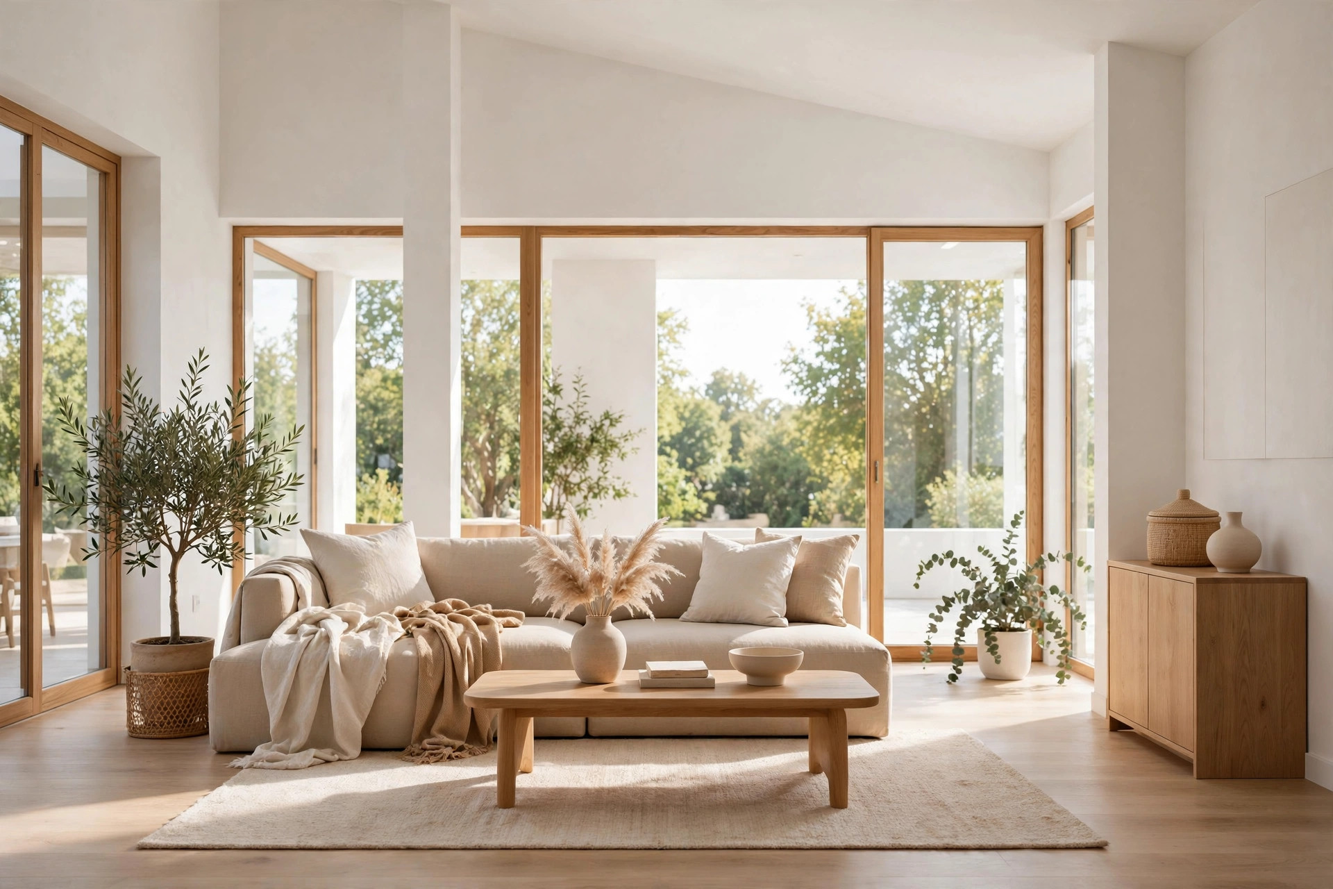 Bright minimalist living room with soft white walls