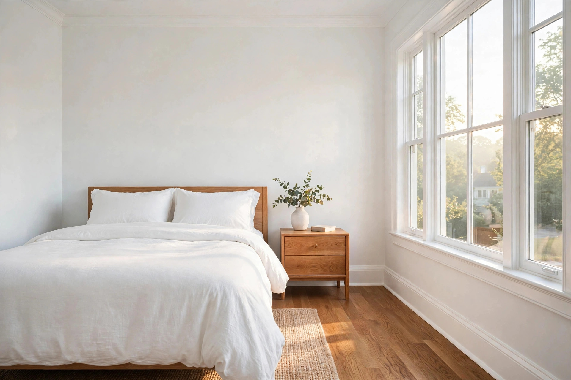 Bedroom with walls painted in Sherwin-Williams Pure White