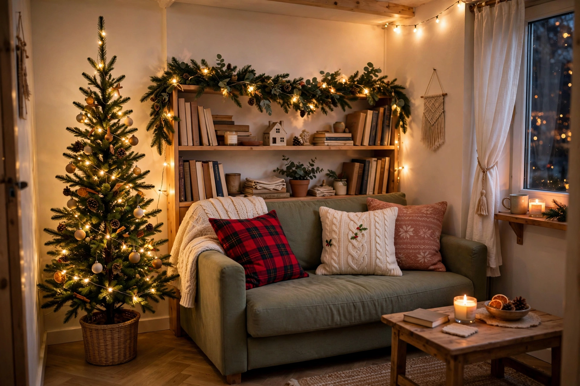 Small apartment living room with a slim pencil Christmas tree, string lights and festive cushions